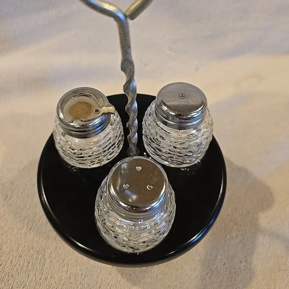 VINTAGE‎ GLASS SALT & PEPPER SHAKERS, SUGAR SET WITH STAND - Picture 2 of 2